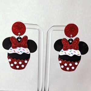 Minnie Mouse Cupcake design polka dot red glitter acrylic drop earrings